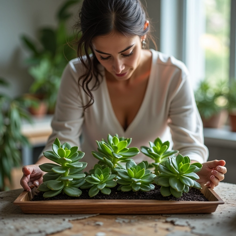 Mulher propagando suculentas a partir de folhas.