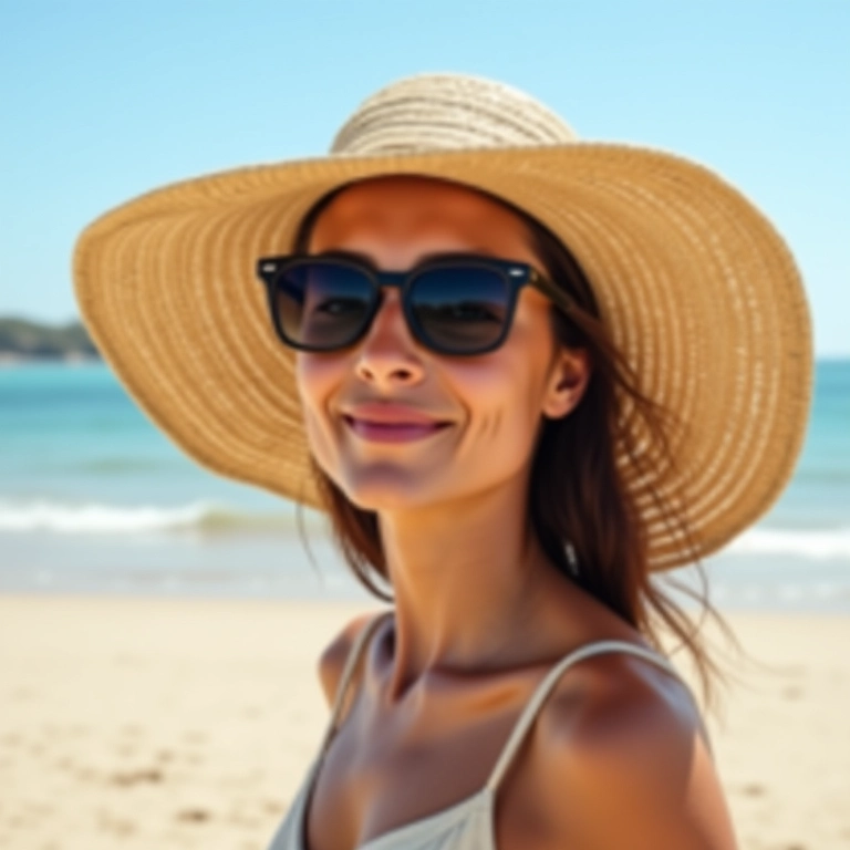 Mulher protegendo o rosto do sol na praia.