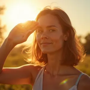 Mulher protegendo os olhos da luz forte do sol, com expressão de dor.