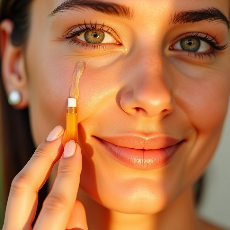 Mulher radiante aplicando sérum de vitamina C no rosto.