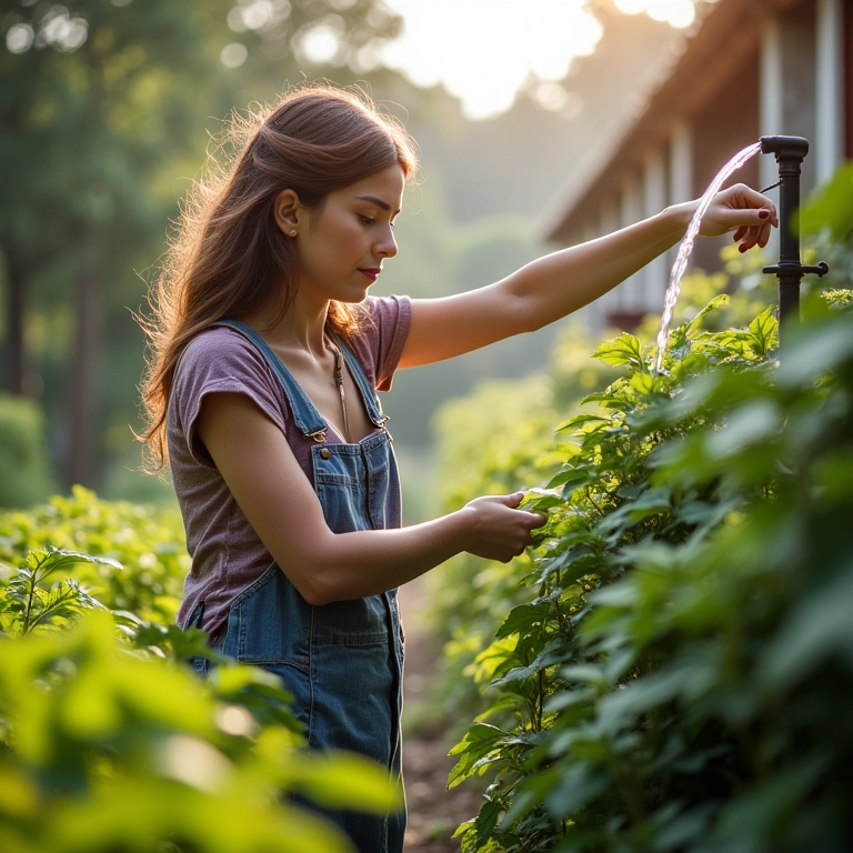 Mulher reabastecendo reservatório de água de sistema de irrigação capilar.