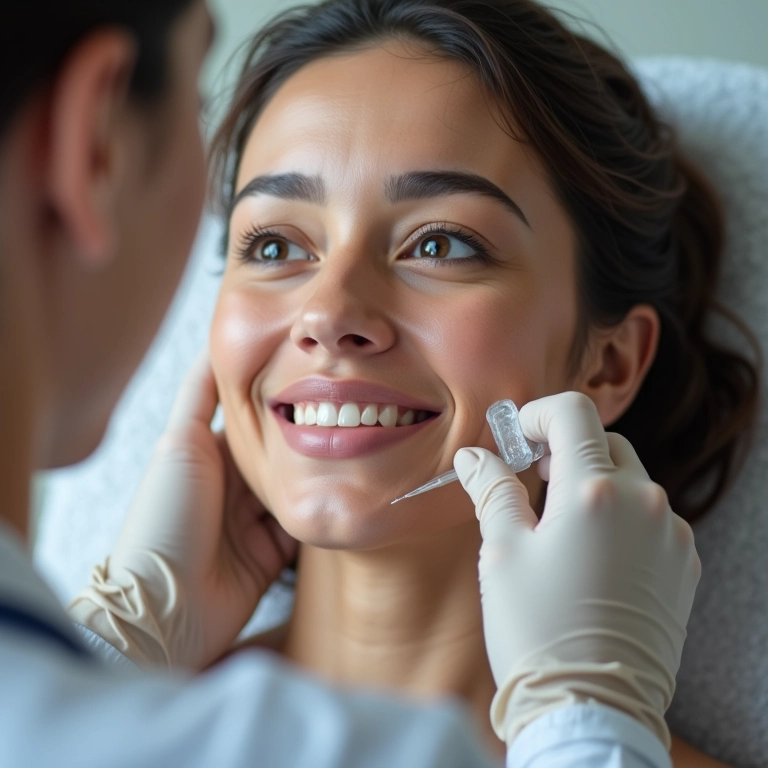 Mulher recebendo injeção de bioestimulador de colágeno com calma, médico com expressão gentil.