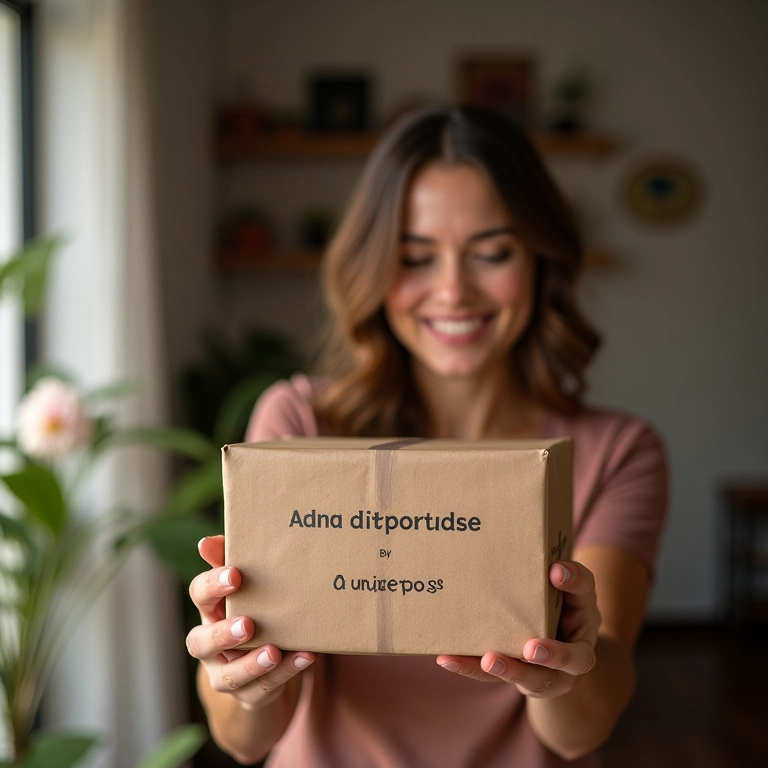 Mulher recebendo presente com embalagem personalizada em casa.