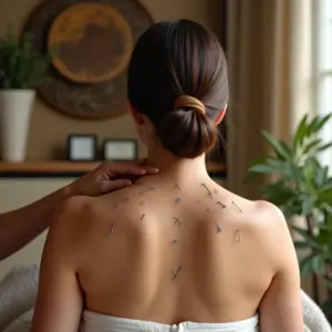 Mulher recebendo tratamento de acupuntura nas costas em ambiente de spa tranquilo.