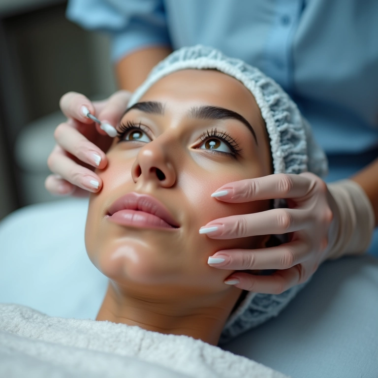 Mulher recebendo tratamento de microagulhamento no rosto.