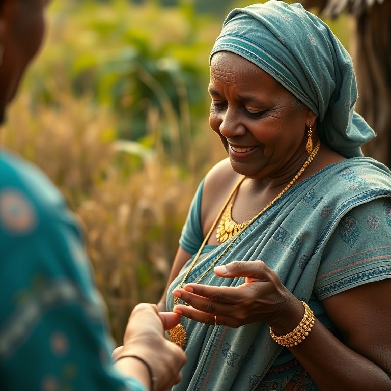 Mulher recebendo um colar de ouro como presente, mostrando a tradição de presentear com ouro.