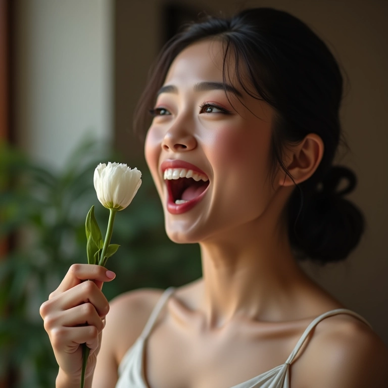 Mulher recebendo um cravo branco.