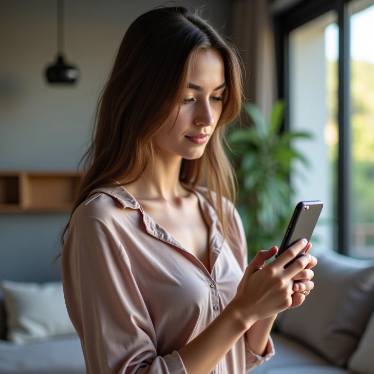 Mulher recusando oferta de compra no celular em apartamento brasileiro.