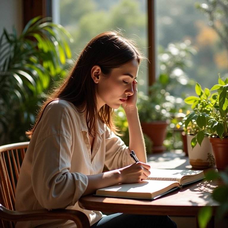 Mulher reestruturando pensamentos negativos em um diário.