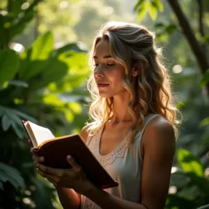 A Jornada do Autoconhecimento Para Empreender Com Propósito Mulher refletindo em um diário ao ar livre, cercada pela natureza brasileira, simbolizando a jornada de autoconhecimento.