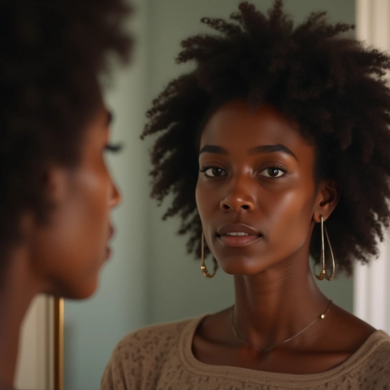 Mulher refletindo no espelho, sentindo-se estagnada profissionalmente.