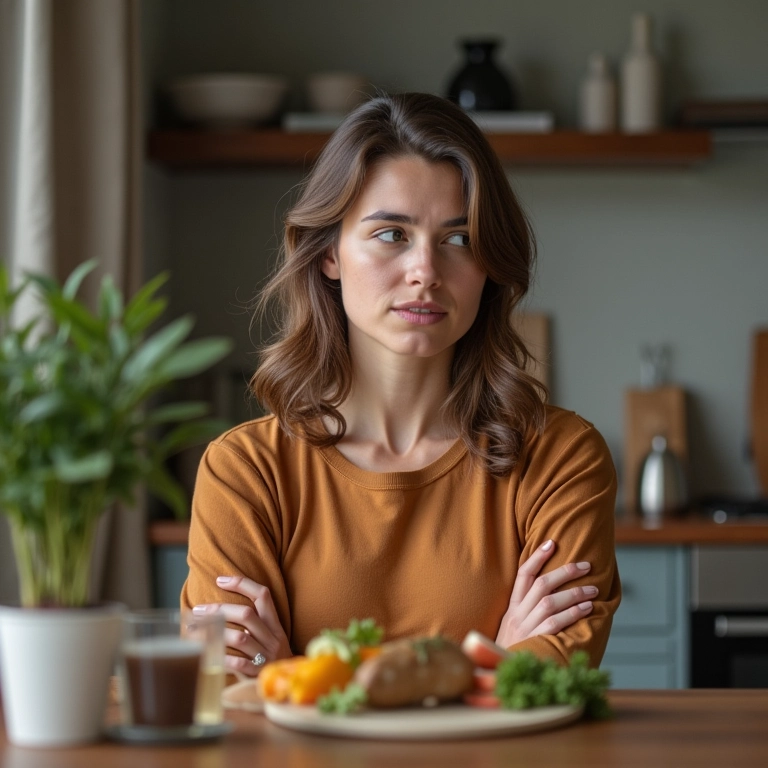 Mulher refletindo sobre as motivações éticas do vegetarianismo.