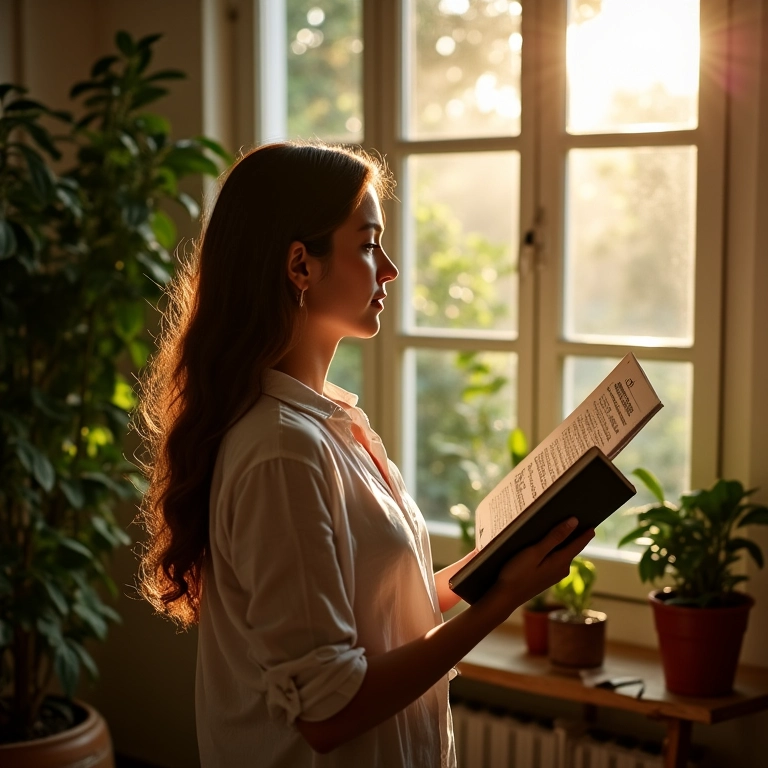 Mulher refletindo sobre seu mapa astral em um apartamento ensolarado.