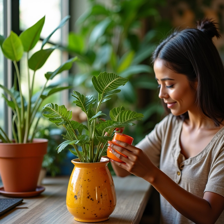 Mulher regando açafrão-da-terra em vaso com decoração vibrante.