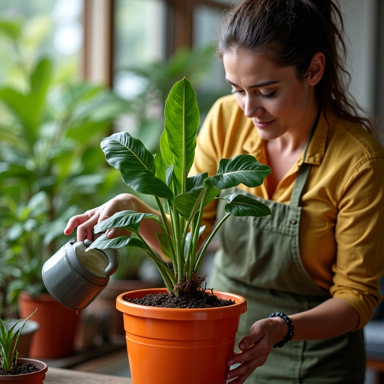 Mulher regando inhame da costa em vaso.