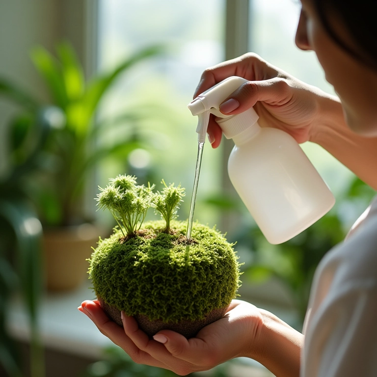 Mulher regando kokedama com borrifador em ambiente iluminado.