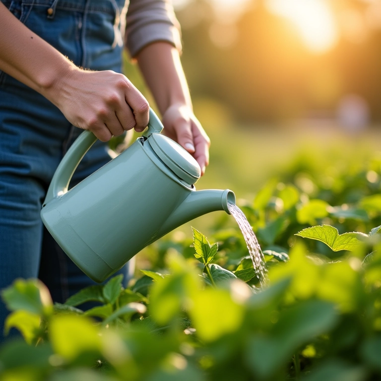 Mulher regando os temperos com um regador.