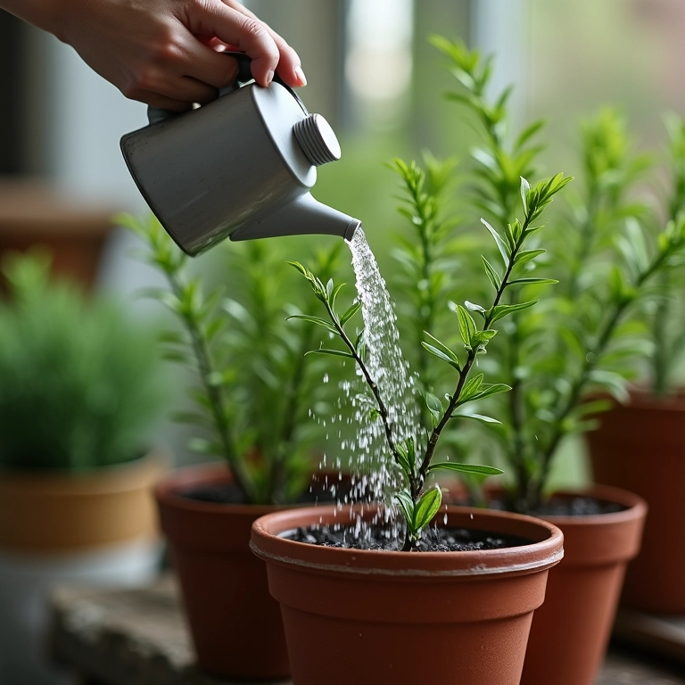Mulher regando planta de arruda em vaso com regador, gotas visíveis.