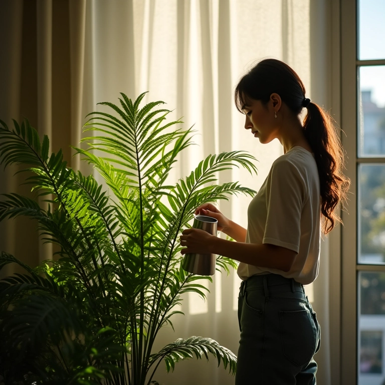 Mulher regando samambaia de metro em apartamento iluminado.