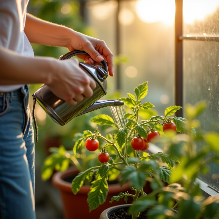 Mulher regando tomate cereja em vaso.