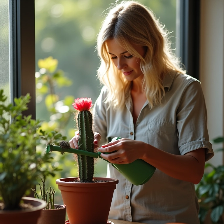 Mulher regando um cacto em um vaso com regador, com cuidado e atenção.