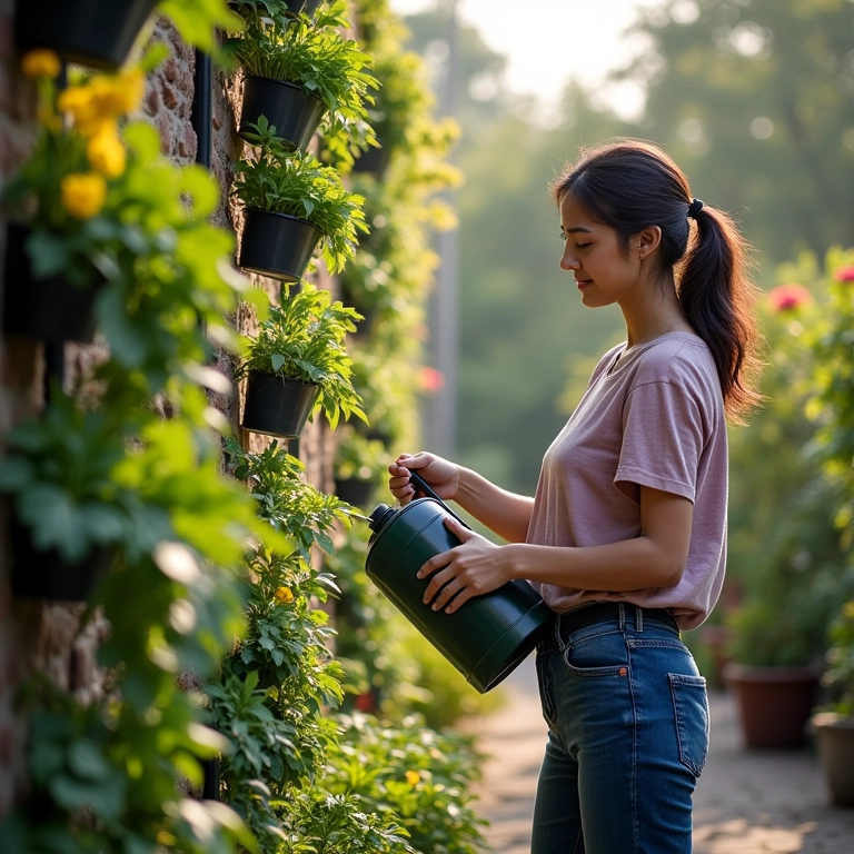 Mulher regando um jardim vertical com regador.
