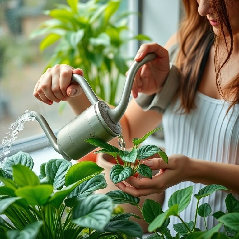 Mulher regando Zamioculca com cuidado para não encharcar.