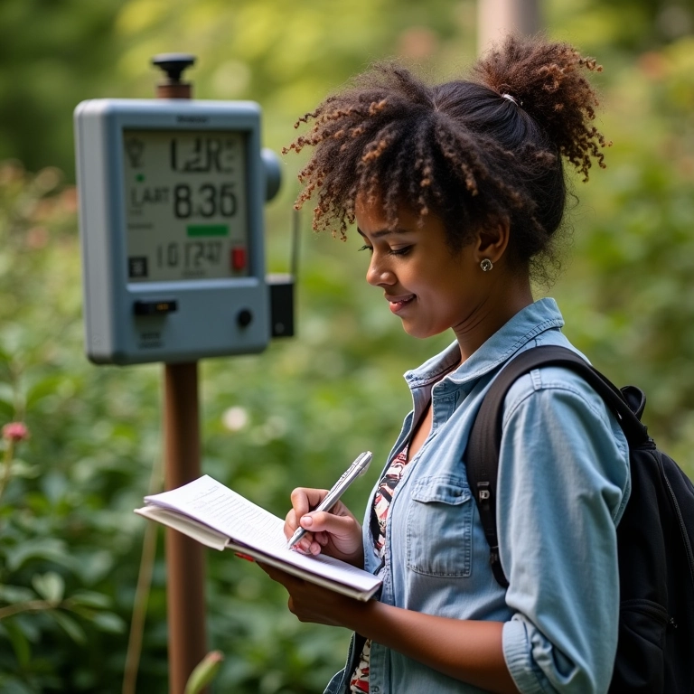 Mulher registra as condições climáticas e seus efeitos na horta.