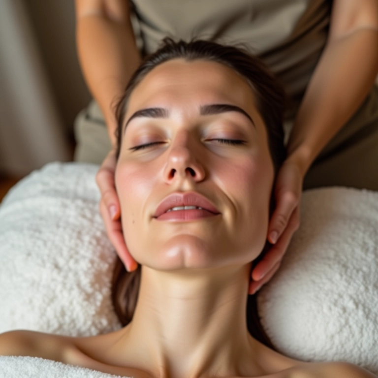 Mulher relaxada recebendo drenagem linfática em um spa.