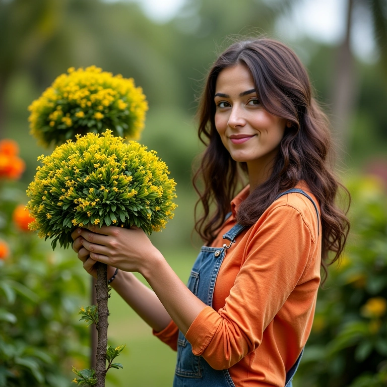 Mulher relaxando ao cuidar de sua topiaria no jardim.