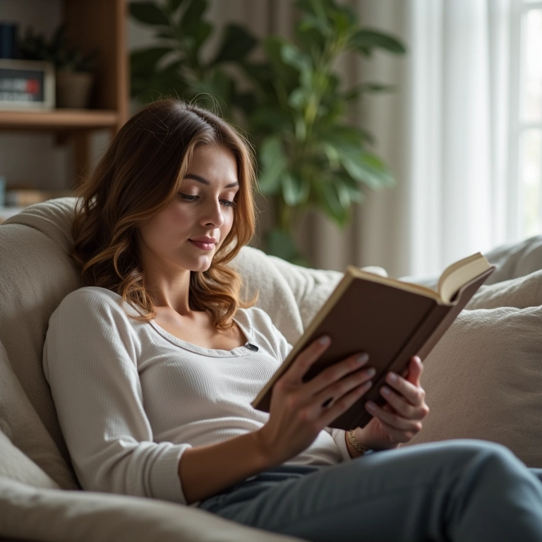 Mulher relaxando após rinomodelação, lendo um livro confortavelmente.