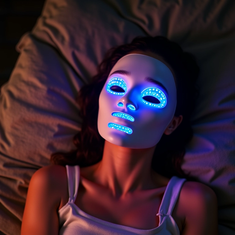 Mulher relaxando com máscara de LED no rosto.