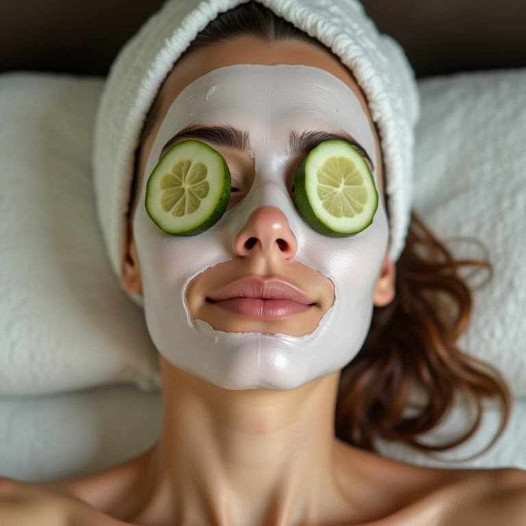 Mulher relaxando com máscara facial e pepinos nos olhos.