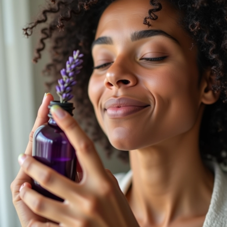 Mulher relaxando com óleo essencial de lavanda.