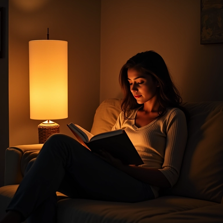 Mulher relaxando com um livro sob a luz suave de um abajur em sala de estar.