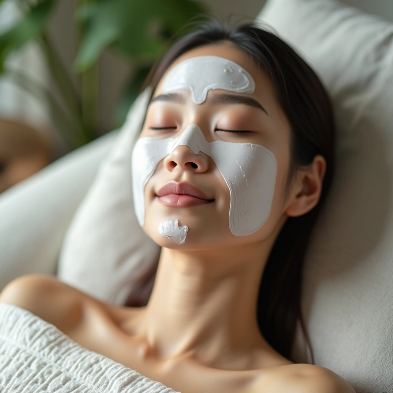 Mulher relaxando com uma máscara facial em um ambiente confortável e iluminado.