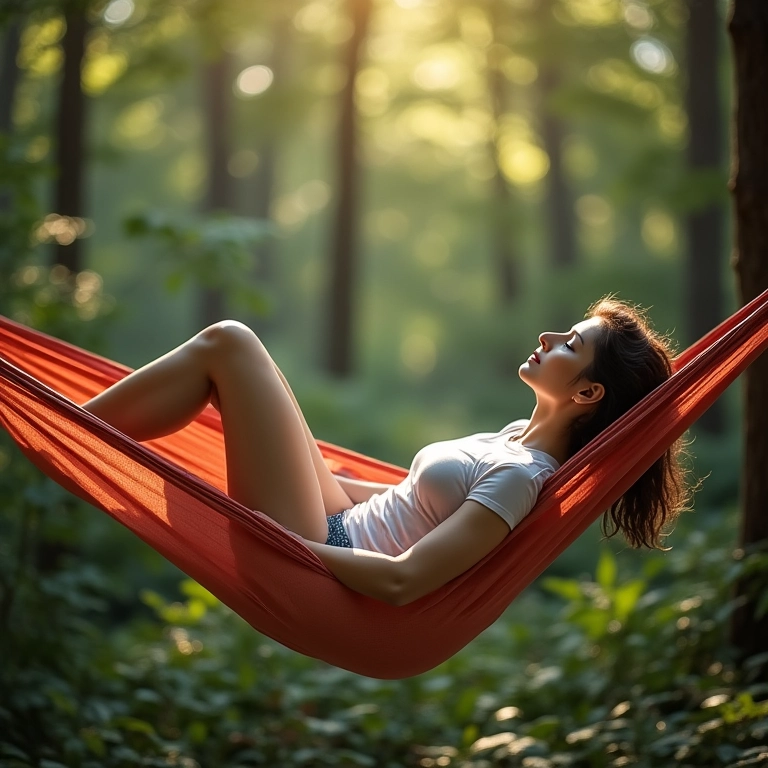 Mulher relaxando em rede com celular desligado, imersa na natureza.
