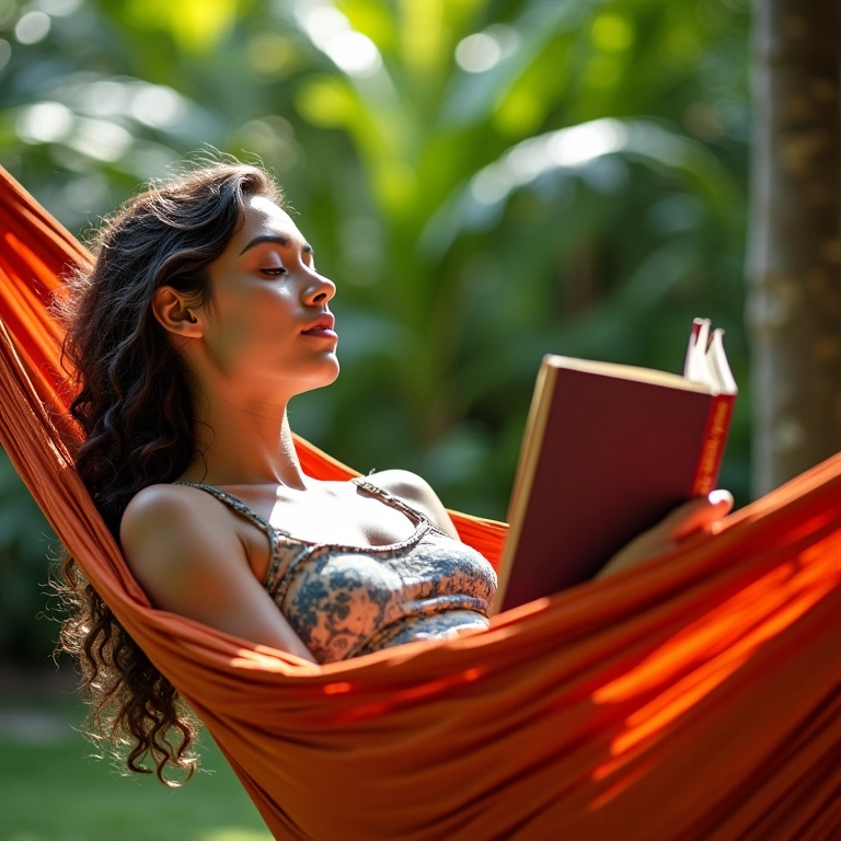 Mulher relaxando em rede com um livro.