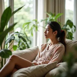 Mulher relaxando em sala de estar luminosa e arejada, com design brasileiro e plantas.