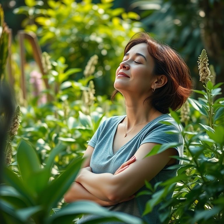 Mulher relaxando em um jardim, cercada por plantas, transmitindo calma e serenidade.