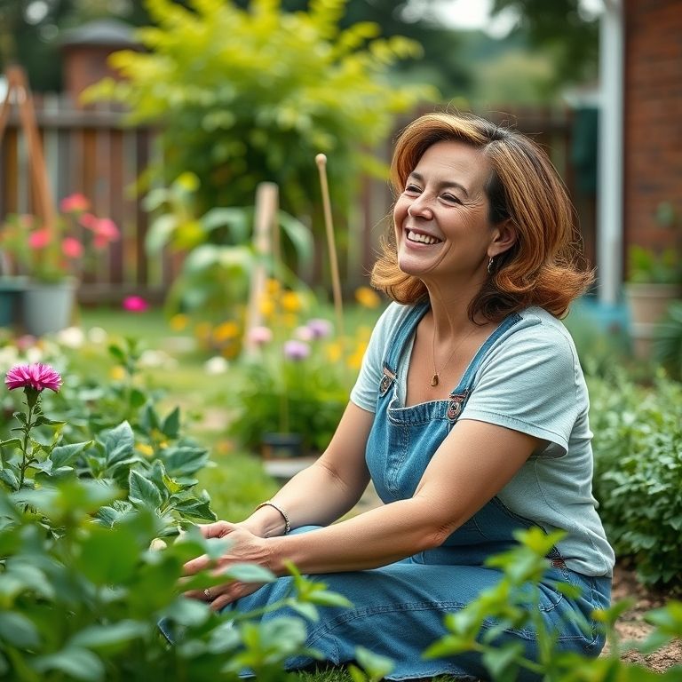 Mulher relaxando no jardim, economizando tempo com a rega por gotejamento.