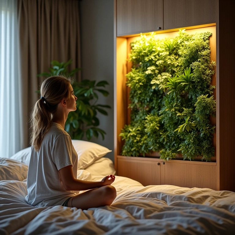 Mulher relaxando perto de jardim vertical em quarto.