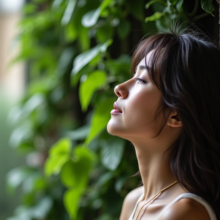 Mulher relaxando perto de um jardim vertical, aliviando o estresse no escritório.