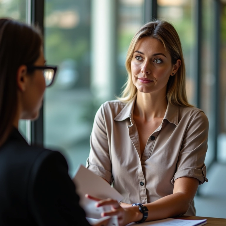 Mulher renegociando dívidas com um representante do banco.