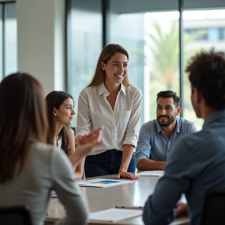 Mulher representando cliente em escritório brasileiro moderno.