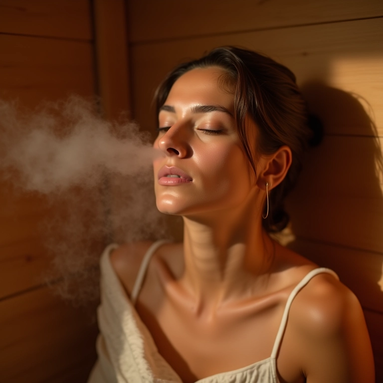Mulher respirando fundo na sauna a vapor, aliviando os problemas respiratórios.