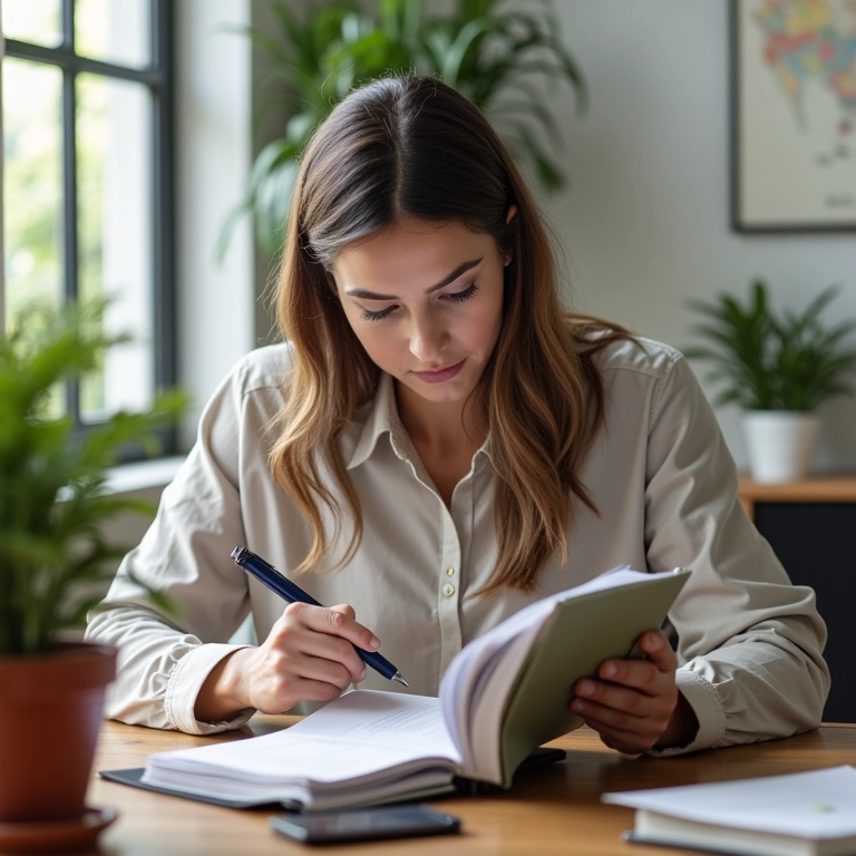 Mulher revisando e ajustando rotina em planejador.