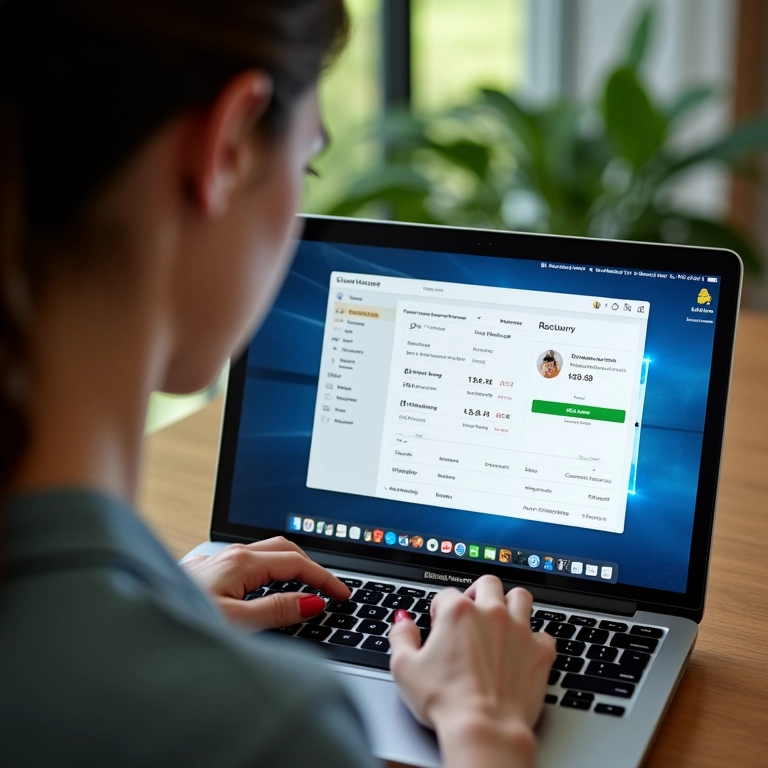 Mulher revisando informações de segurança em site de reservas de hospedagem.