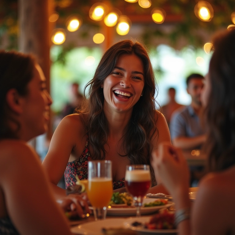 Mulher rindo com amigos em restaurante brasileiro vibrante.