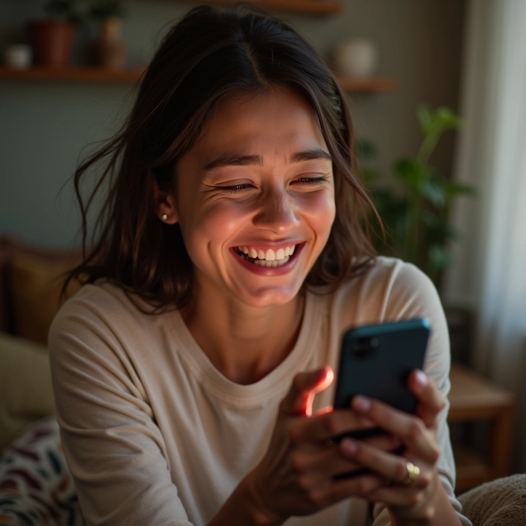 Mulher rindo genuinamente assistindo conteúdo no celular.